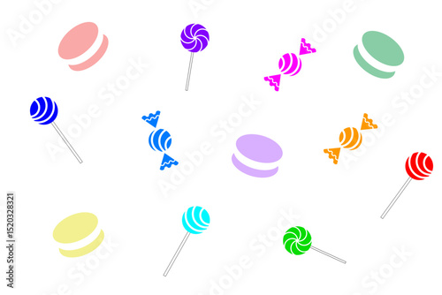 Brightly colored candy and lollipops scattered on a plain background create a playful and vibrant atmosphere