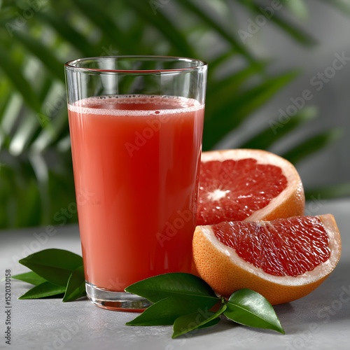 Fresh grapefruit juice in glass, beside grapefruit slices photo