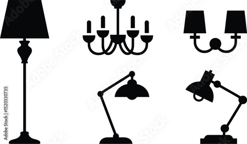 Illustration of five lighting fixtures including a floor lamp and chandelier in black silhouette style