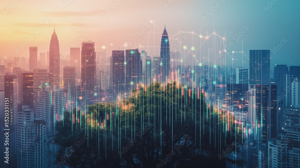 Obraz premium Smart city with connection network reciprocity over the cityscape social media networking systems that connects on the peak of success amid tall, innovative Smart city and graphs with statistics