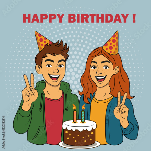 Happy birthday celebration with smiling teenage twin boy and girl wearing party hats