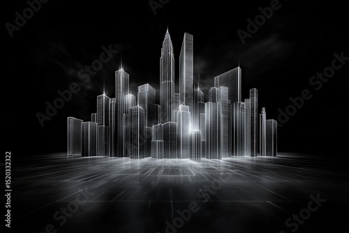 Futuristic Minimalistic Wireframe Cityscape in Dark Environment