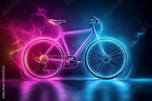 Minimalistic Neon Wireframe Representation of a Bicycle in Dark Setting