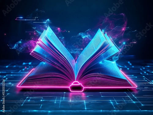 Neon Minimalistic Wireframe Open Book with Flying Elements