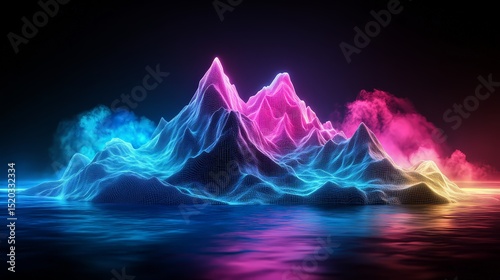 Neon Minimalistic Wireframe Mountain Range in Dark Environment