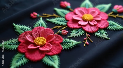 Vibrant floral embroidery on dark fabric with pink and green details