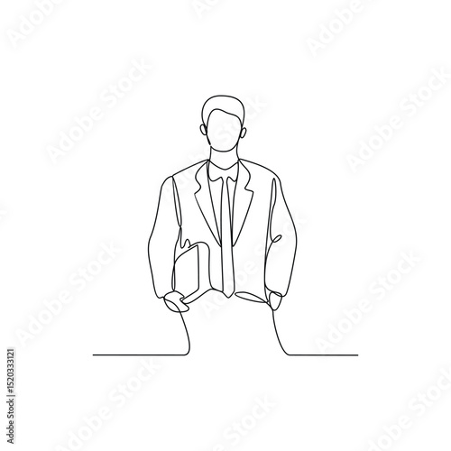One continuous line drawing of a Lawyer in formal suit vector design illustration. Justice themes design in simple linear style concept. Suitable for your asset design and educational purpose.