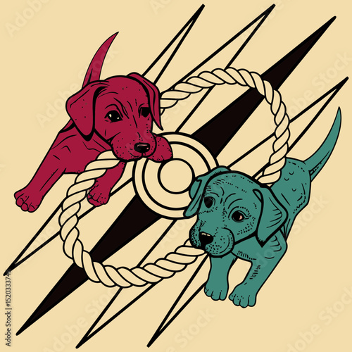 Two stylized puppies playing with a rope ring against a geometric background