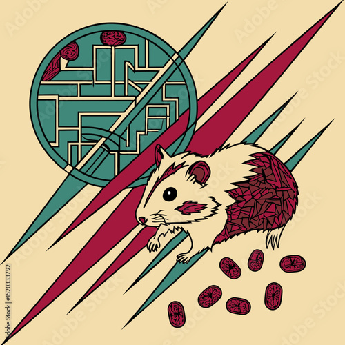 Illustration of a hamster with a maze and geometric shapes in the background