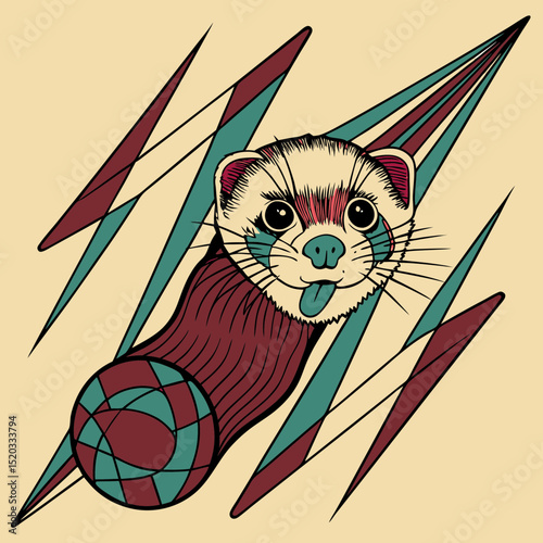 Illustration of a ferret with tongue out emerging from a patterned sphere shape
