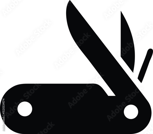 A detailed black silhouette design of a swiss army knife with various blades and tools in vector format