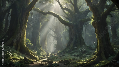 An ancient forest split open by a beam of divine light from the heavens, revealing a long-lost city made of crystal and roots.