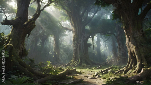 An ancient forest split open by a beam of divine light from the heavens, revealing a long-lost city made of crystal and roots.