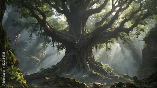 An ancient forest split open by a beam of divine light from the heavens, revealing a long-lost city made of crystal and roots.