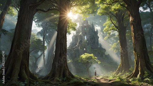 An ancient forest split open by a beam of divine light from the heavens, revealing a long-lost city made of crystal and roots.