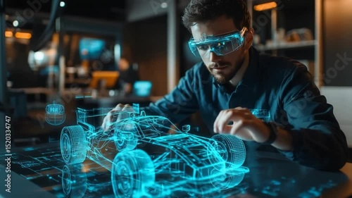 Engineer using augmented reality glasses to design a futuristic race car hologram