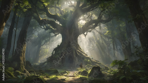 An ancient forest split open by a beam of divine light from the heavens, revealing a long-lost city made of crystal and roots.