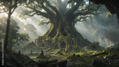 An ancient forest split open by a beam of divine light from the heavens, revealing a long-lost city made of crystal and roots.