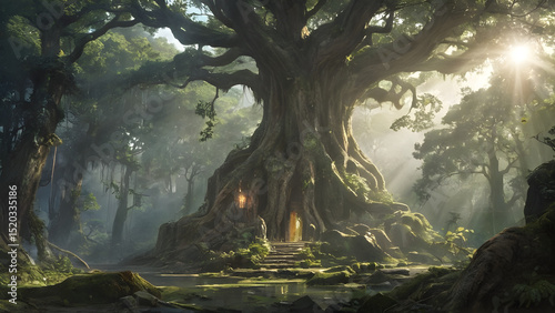 An ancient forest split open by a beam of divine light from the heavens, revealing a long-lost city made of crystal and roots.