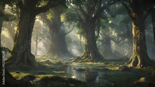 An ancient forest split open by a beam of divine light from the heavens, revealing a long-lost city made of crystal and roots.