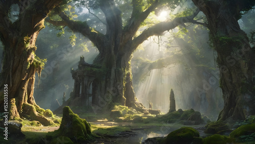 An ancient forest split open by a beam of divine light from the heavens, revealing a long-lost city made of crystal and roots.
