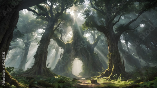 An ancient forest split open by a beam of divine light from the heavens, revealing a long-lost city made of crystal and roots.