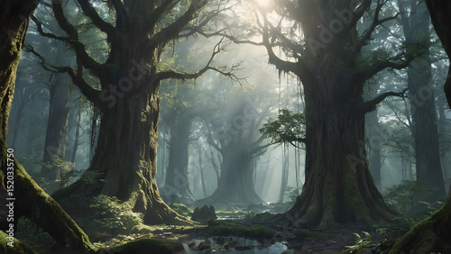 An ancient forest split open by a beam of divine light from the heavens, revealing a long-lost city made of crystal and roots.