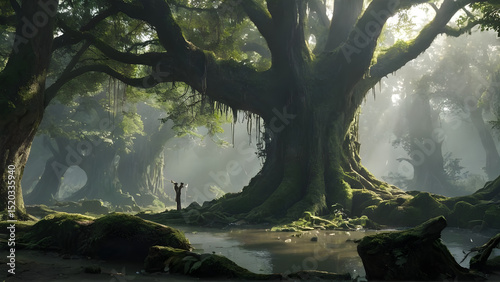 An ancient forest split open by a beam of divine light from the heavens, revealing a long-lost city made of crystal and roots.