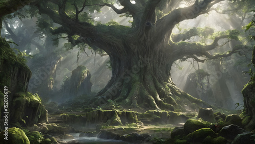 An ancient forest split open by a beam of divine light from the heavens, revealing a long-lost city made of crystal and roots.