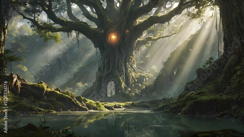 An ancient forest split open by a beam of divine light from the heavens, revealing a long-lost city made of crystal and roots.