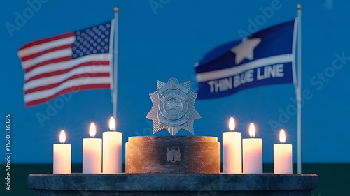 police badge rests on a dark stone pedestal at the , center. Surrounding the pedestal are six lit white candles. American flag wavescreated with generative ai