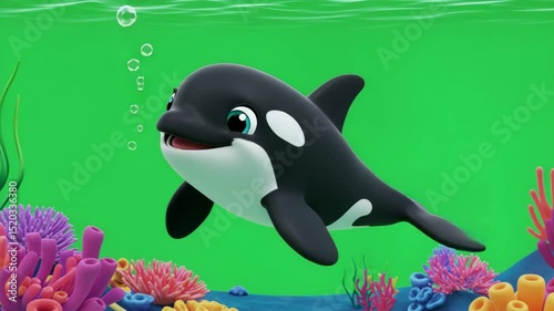 Cartoon orca swimming playfully among colorful coral reef  