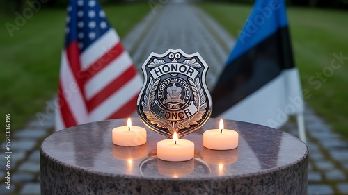  police badge rests on a dark stone pedestal at the , center. Surrounding the pedestal are six lit white candles. American flag wavescreated with generative ai