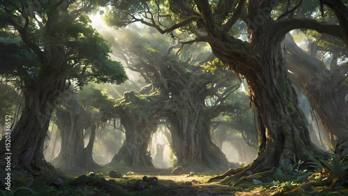An ancient forest split open by a beam of divine light from the heavens, revealing a long-lost city made of crystal and roots.