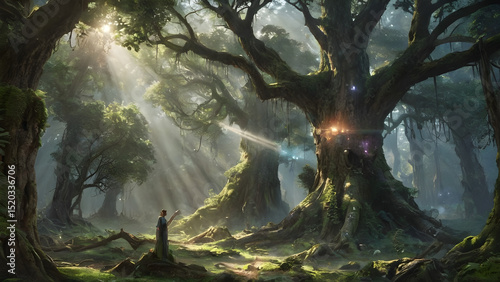 An ancient forest split open by a beam of divine light from the heavens, revealing a long-lost city made of crystal and roots.