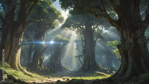 An ancient forest split open by a beam of divine light from the heavens, revealing a long-lost city made of crystal and roots.