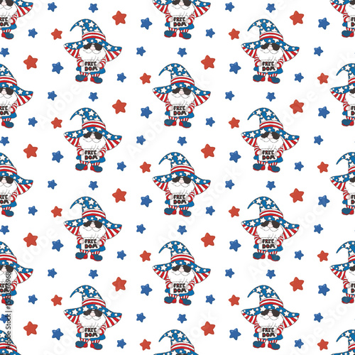 4th of July seamless pattern. American gnome Independence Day theme. 