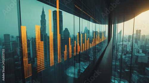 Smart city with connection network reciprocity over the cityscape social media networking systems that connects on the peak of success amid tall, innovative Smart city and graphs with statistics to a