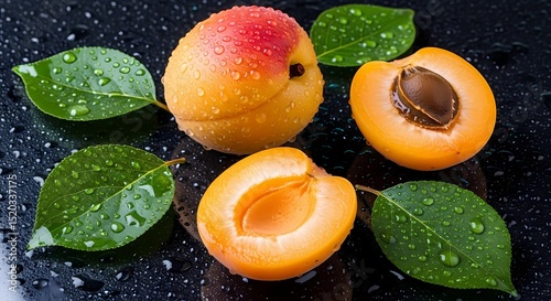 Dewy Apricot Trio: High-Res, Golden-Pink Hues, Wet Black Glass, Vibrant Leaves, Realistic Close-Up.