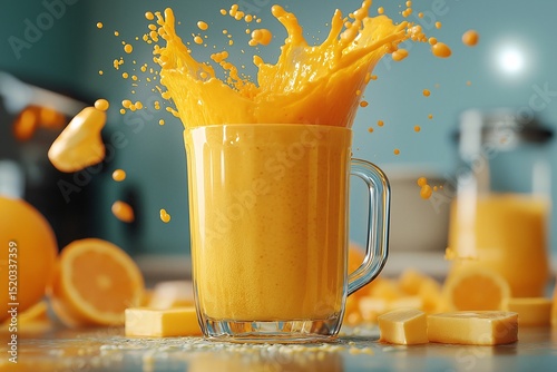 Refreshing Orange Juice Splash. Delicious Citrus Smoothie and Detox Beverage Photography with Vibrant Tropical Color in Kitchen Setting photo
