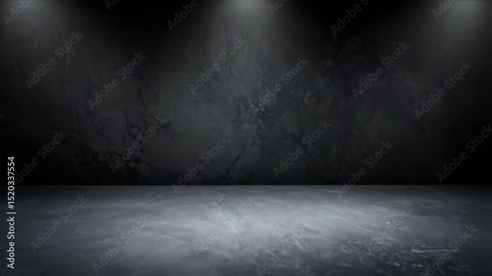 Empty dark textured stage with spotlight, grunge concrete wall background, abstract studio backdrop for product placement, product showcase