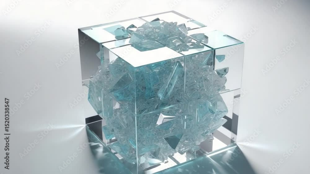 Abstract 3d render of a clear glass cube containing irregular fractured glass inside on white backdrop