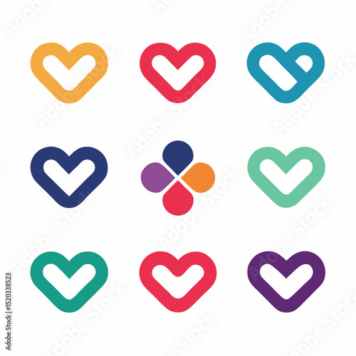 Collection of colorful abstract heart shaped icons on white background for design purposes