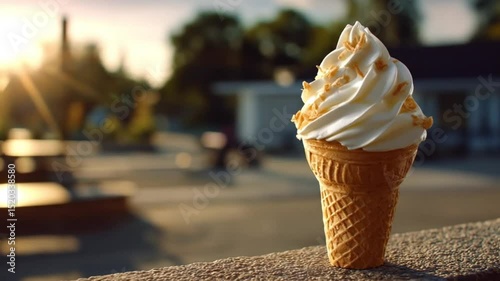 Soft-serve vanilla ice cream cone in hand with warm golden hour sunlight at a beach boardwalk