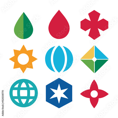 Collection of vector graphic geometric shapes in various colors for design and conceptual usage