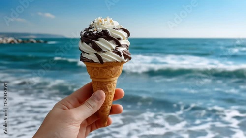 Tasty swirl ice cream cone held up against a beautiful blue ocean and sky background