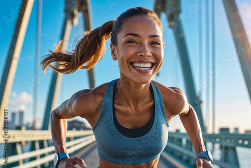 Smiling woman exercising outdoors on bridge