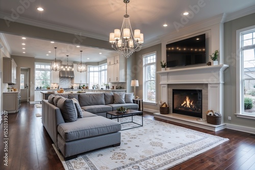 Modern living room with fireplace and kitchen