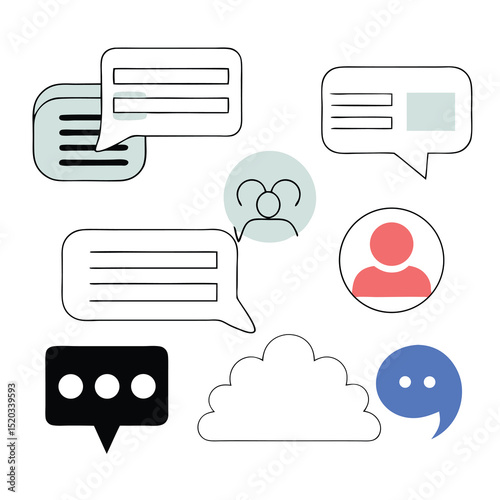 Colorful flat illustration of speech bubbles and user icons for communication designs