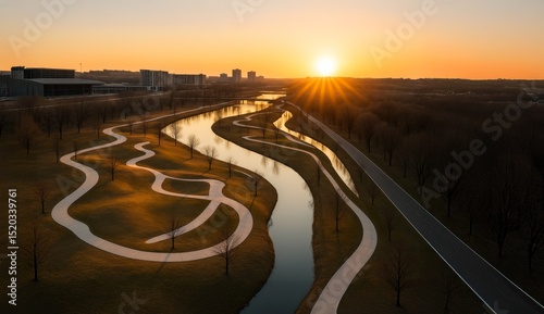 Sunrise Over Gathering Place in Tulsa Oklahoma USA with River and Winding Paths